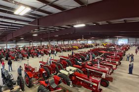 The lineup of red tractors at the Red Power Roundup event in Spencer, Iowa.