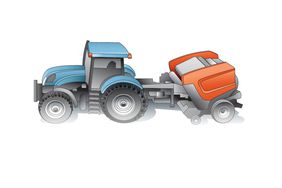 An illustration of a blue tractor pulling an orange baler. 