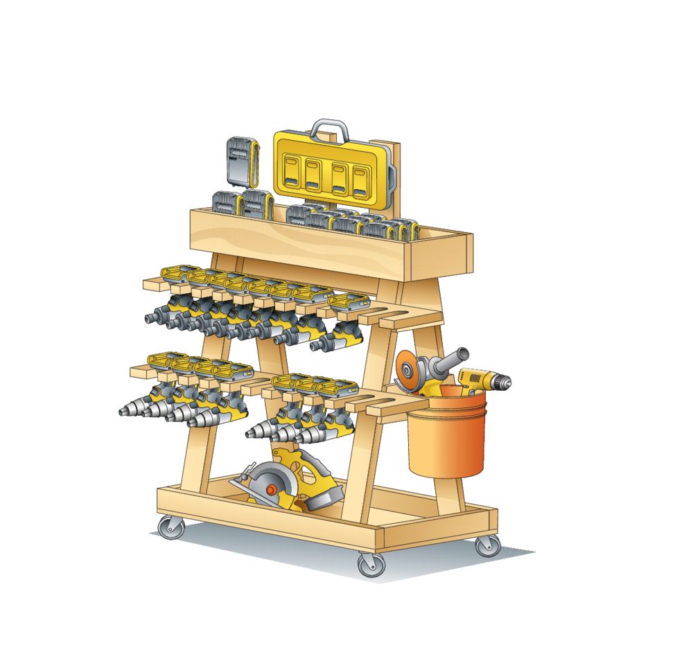 An illustration of a tool cart made of wood. There are drills hanging in two rows on the front, with an open box on top for drill bits and batteries. There is storage below and an orange bucket attached to the side for additional storage.