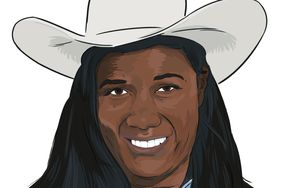 Illustration of a Black woman wearing a white cowboy hat and a blue collared shirt.