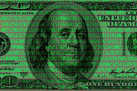 Closeup of Benjamin Franklin's face on the $100 bill, covered in lines of neon green numbers