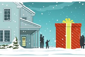 Illustration of a family of five standing outside their two-story house in the snow, next to a red present almost as tall as the house. 