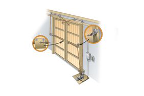 Illustration of closed tan auto sliding doors with inserts. 