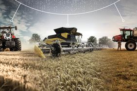 Steyr, New Holland and Case IH machinery in the field, with a graphic portraying internet connection