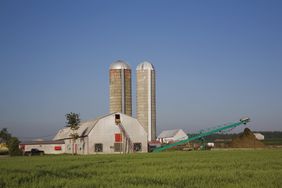 Dairy farm building with two grain silos, Saint-Jean, Ile d'Orleans, Quebec, Canada, North America