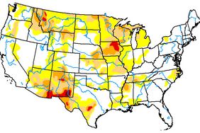 Map of drought conditions, shown in yellow, orange, and red, across the United States as of February 27, 2024