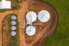 Aerial view of grain bins