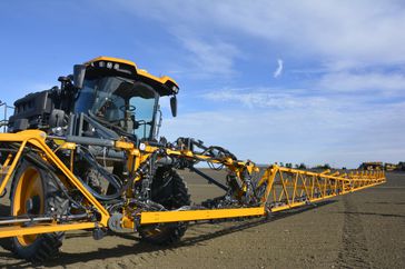 Front view of the Hagie STS16 sprayer with John Deere See and Spray technology.