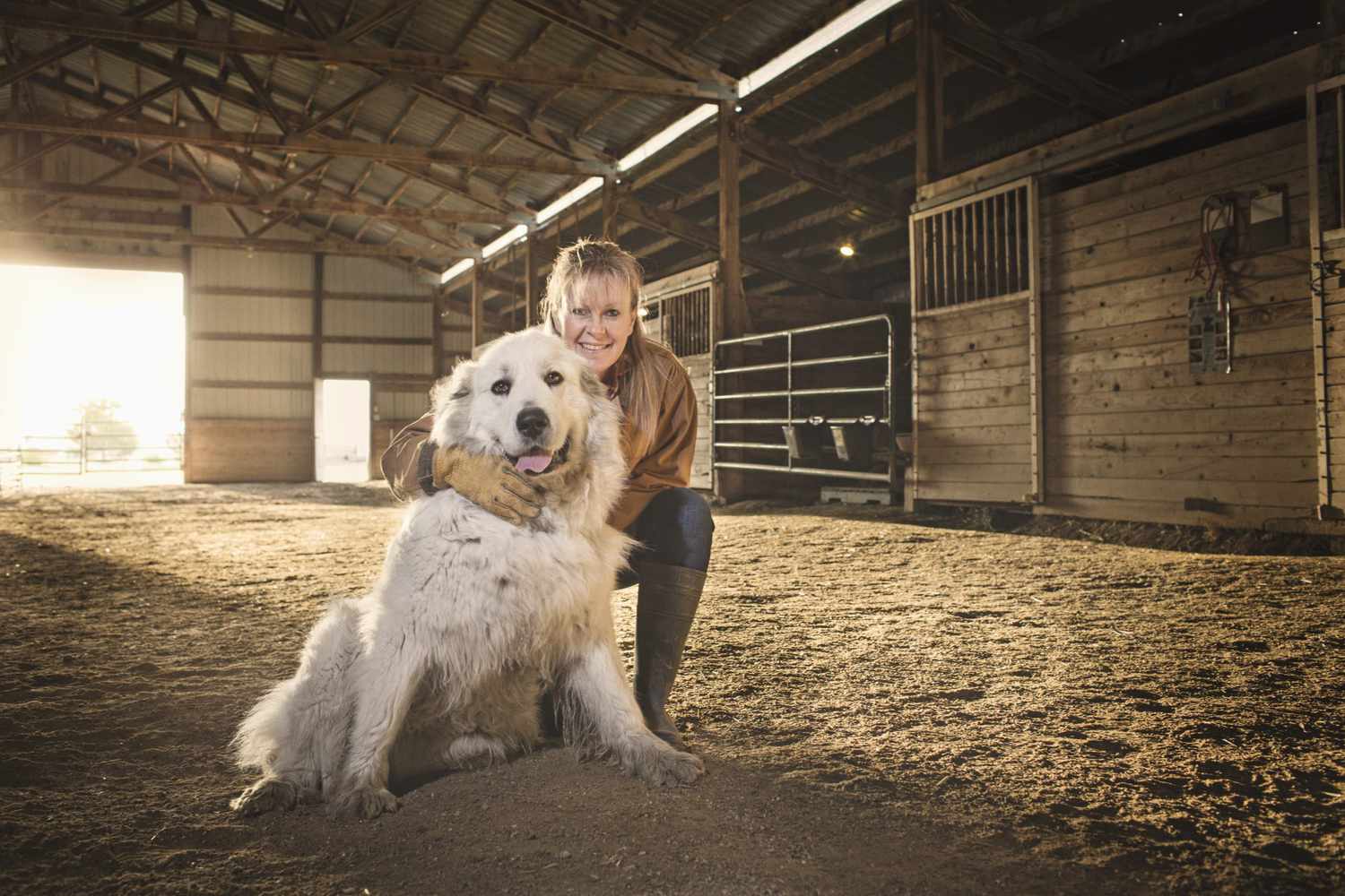 A woman in chore boots and a coat kneels next to a large guard dog inside a horse barn