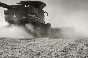 JohnDeereCombineHarvestingSoybeansB&W-WideShot