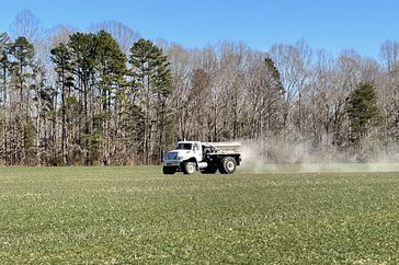 A fertilizer spreader truck on Kevin Matthews' farm in North Carolina