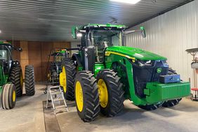 John Deere tractor sits in the shop