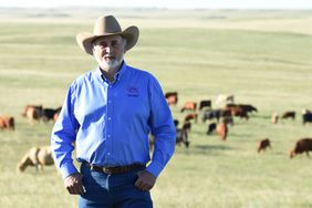 Mark Eisele stands in front of cattle in an NCBA button down