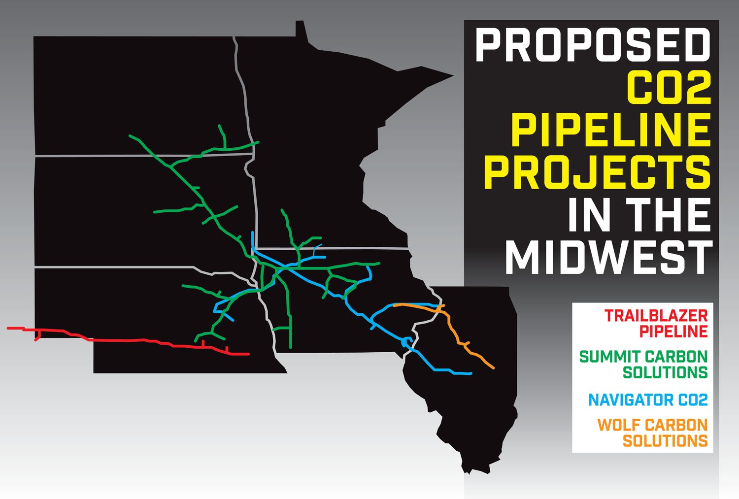 A map showing the four proposed major carbon pipelines spanning across the midwest