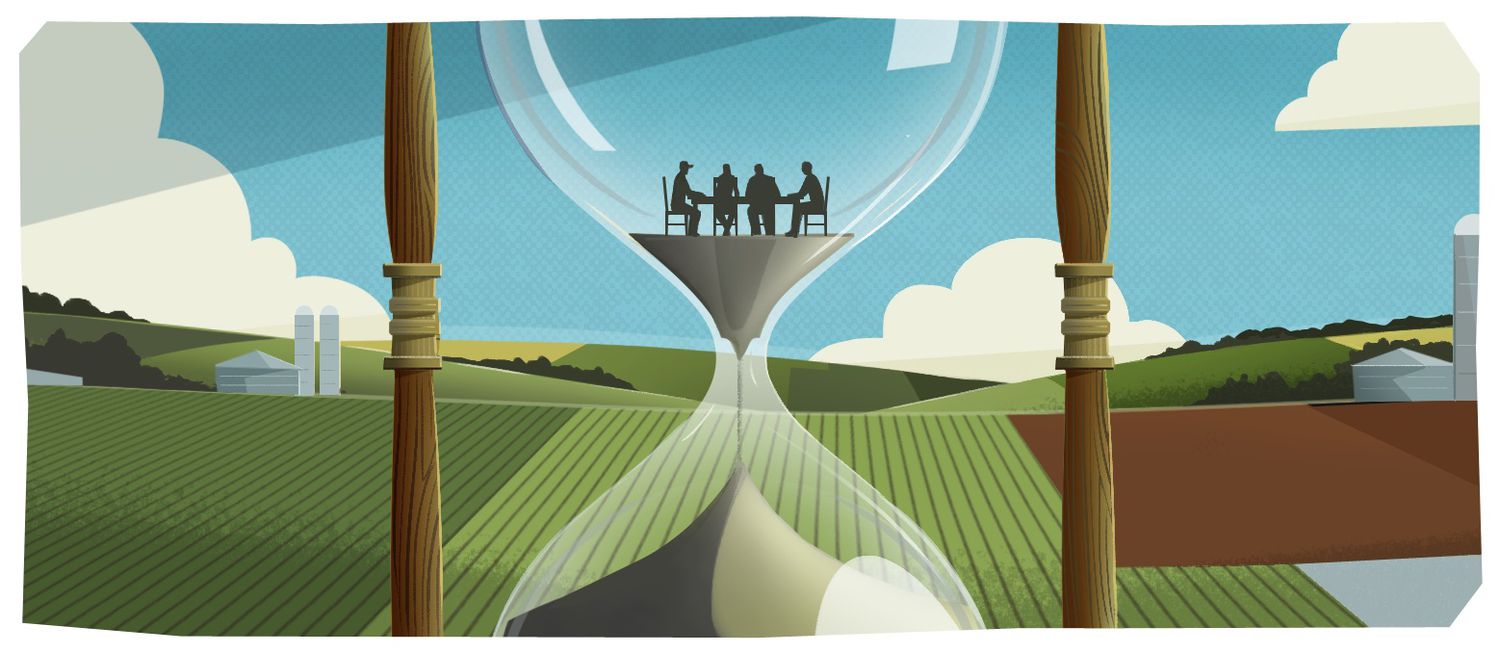 Illustration of a family discussion inside an hourglass