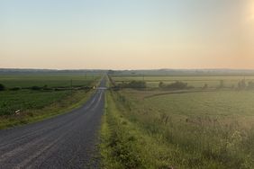 Rural gravel road with corn and soybeans on either side