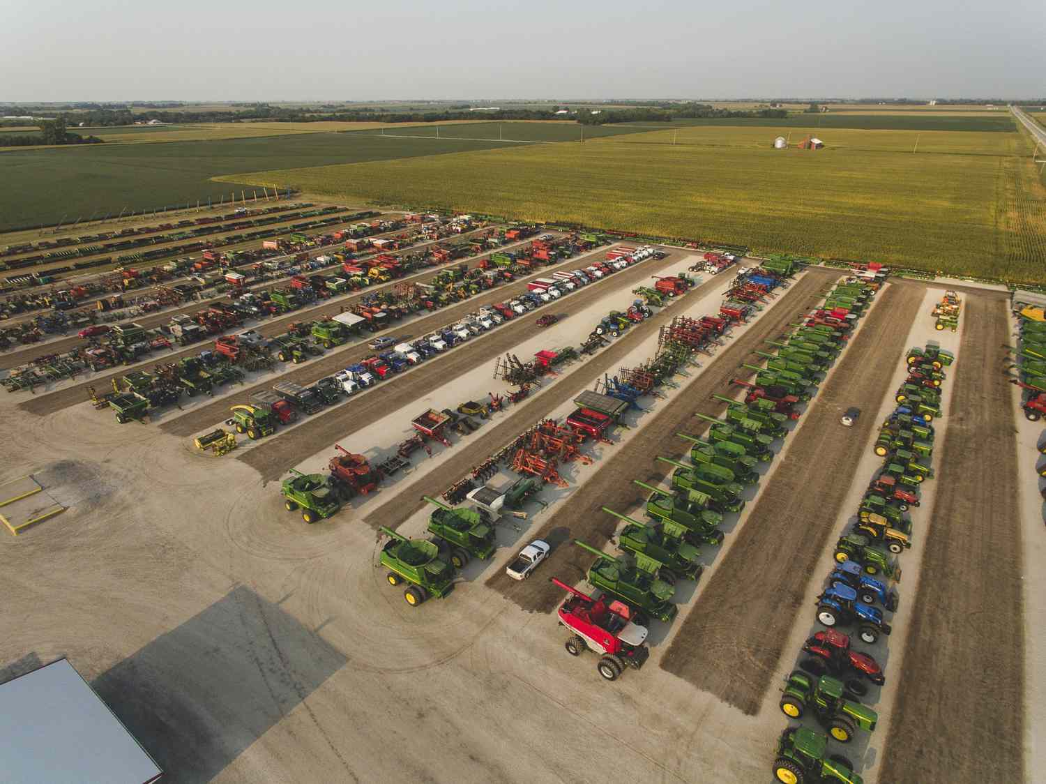 Drone photo of various farm machinery lined up for auction