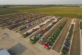 Drone photo of various farm machinery lined up for auction