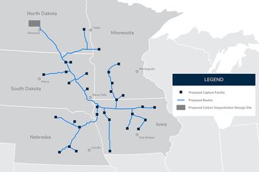 Carbon Dioxide map of Iowa, Nebraska, North and South Dakota