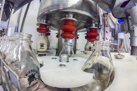 Milk being put into a glass bottle