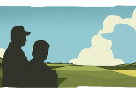 Illustration of a couple overlooking a field, with a silhouette of a man in a baseball hat in the clouds beyond. 