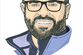 Illustration of a bearded man wearing a blue jacket, a blue hat with the Verdant Robotics logo on it in green, and dark-framed glasses.