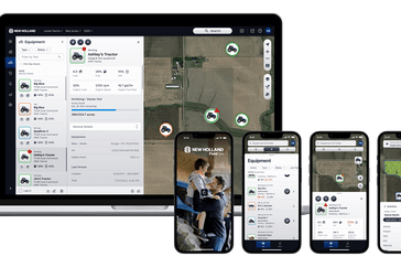 The New Holland FieldOps service as seen on web and mobile interfaces