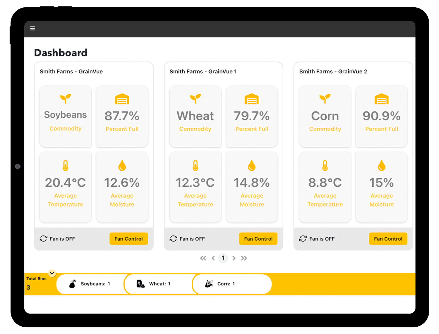 A screenshot of the GSI GrainVue's user interface, showing the different controls and monitoring tools