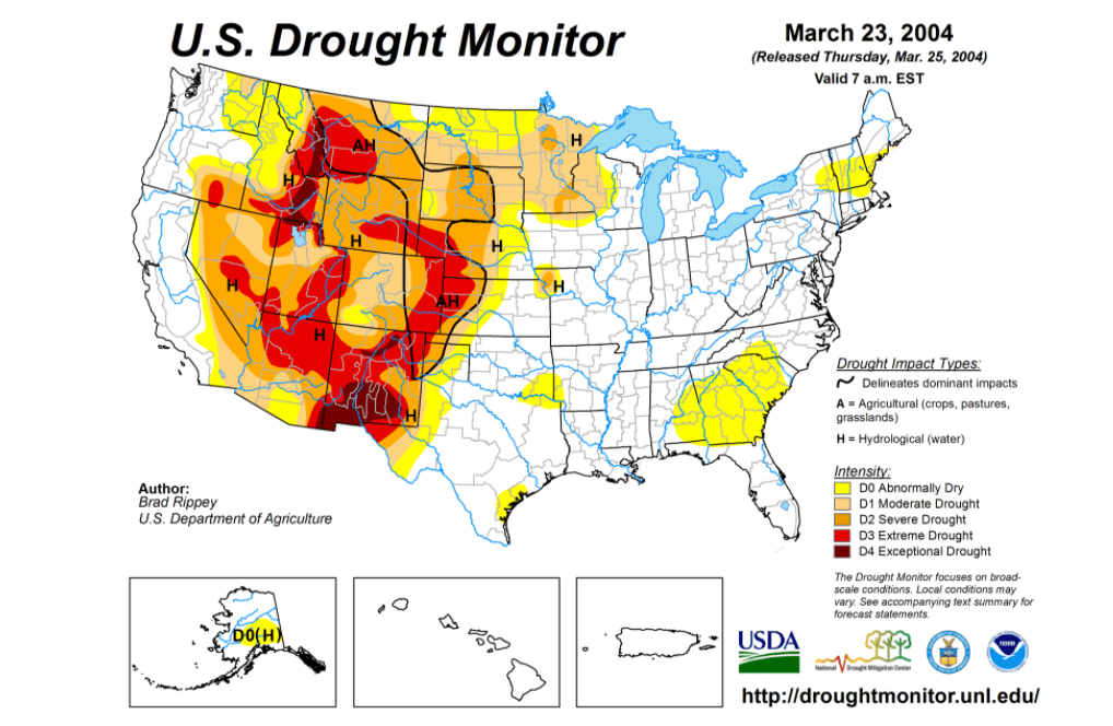 drought map of U.s. in march 2004